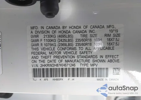 2019 Honda Cr-V Ex-L z USA, uszkodzony, nr VIN 2HKRW2H87KH671246